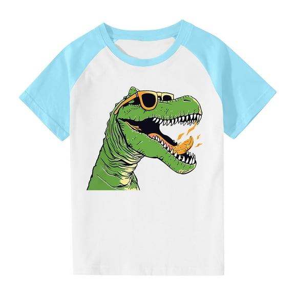 Virmaxy (3-14y) Toddler Kids Cute Dinosaur Printed Tops Boys Girls Casual Round Neck Short Plunger Sleeve Tops Summer Loose Pullover Crewneck T Shirts Blue-2 3 Years