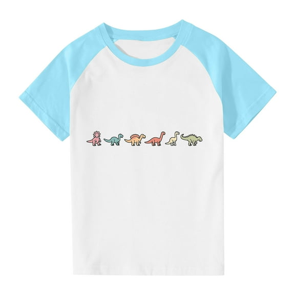 Virmaxy (3-14y) Toddler Kids Cute Dinosaur Printed Tops Boys Girls Casual Round Neck Short Plunger Sleeve Tops Summer Loose Pullover Crewneck T Shirts Blue-3 3 Years