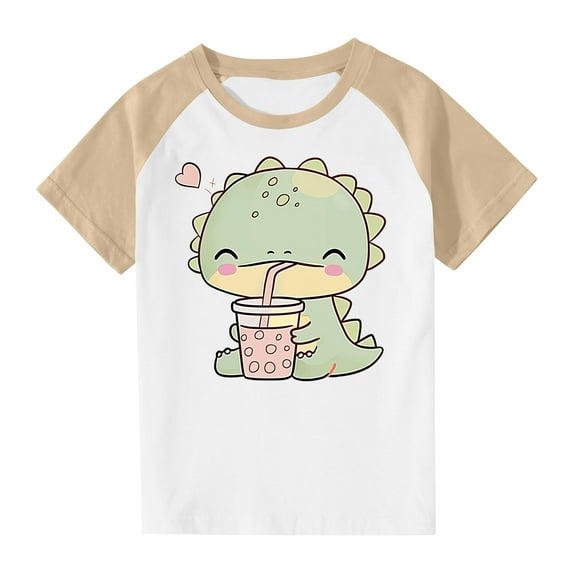 Virmaxy (3-14y) Toddler Kids Cute Dinosaur Printed Tops Boys Girls Casual Round Neck Short Plunger Sleeve Tops Summer Loose Pullover Crewneck T Shirts Beige-1 3 Years