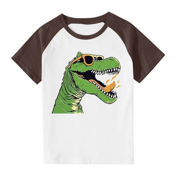 Virmaxy (3-14y) Toddler Kids Cute Dinosaur Printed Tops Boys Girls Casual Round Neck Short Plunger Sleeve Tops Summer Loose Pullover Crewneck T Shirts Brown-2 4 Years