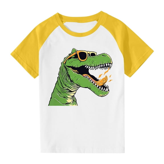 Virmaxy (3-14y) Toddler Kids Cute Dinosaur Printed Tops Boys Girls Casual Round Neck Short Plunger Sleeve Tops Summer Loose Pullover Crewneck T Shirts Yellow-2 11 Years