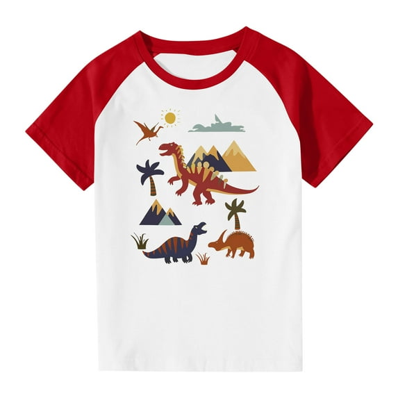 Virmaxy (3-14y) Toddler Kids Cute Printed Tops Boys Girls Casual Dinosaur Graphic Blouses Round Neck Short Plunger Sleeve Tops Summer Loose Pullover Crewneck T Shirts Red-1 13 Years