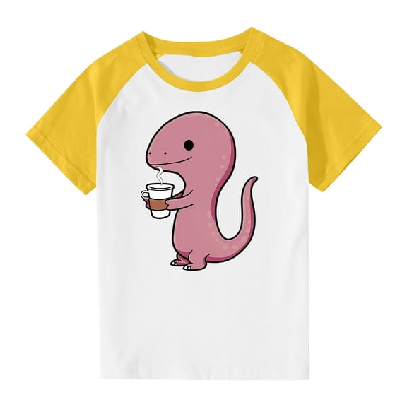 Virmaxy (3-14y) Toddler Kids Cute Printed Tops Boys Girls Casual Dinosaur Graphic Blouses Round Neck Short Plunger Sleeve Tops Summer Loose Pullover Crewneck T Shirts Yellow-3 3 Years