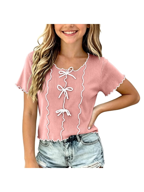 3-15 Years Girls T-Shirt Solid Color Ribbed Short Sleeve Tops with Bow Ruffle Edge Stretchy Casual Summer Blouses for Beach Trips and Daily Wear