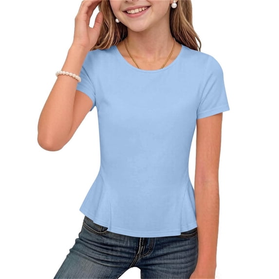 Virmaxy 3-15 Years Solid Color Casual Peplum Top Comfortable Breathable Short Sleeves Round Neck Blouse for Summer and Daily Wear