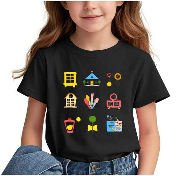 Virmaxy (3-15y) Boys Girls Opening Season Trendy Tops Kids Cute Girl Printing T-Shirt Spring Summer Short-Sleeved Round Neck Pullover Bottoming Shirt Black-4 4 Years