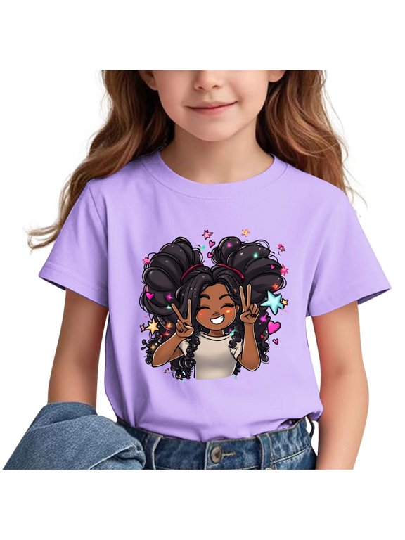 (3-15y) Boys Girls Opening Season Trendy Tops Kids Letter Printing T-Shirt Spring Summer Short-Sleeved Round Neck Pullover Bottoming Shirt Purple-2 3 Years