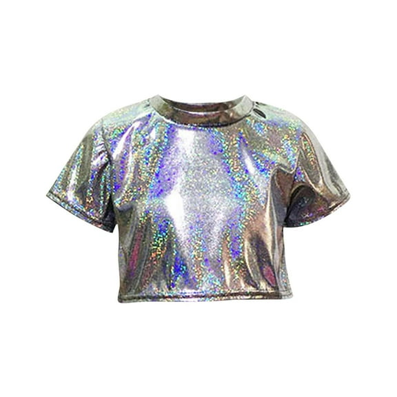 Virmaxy (3-16y) Girls Solid Color Laser Sequins Shirt Girls Stretchy Performance Wear With Exposed Waist And Navel Short Sleeve Round Neck Tops Black-1 3 Years