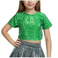 thumbnail image 1 of Virmaxy (3-16y) Girls Solid Color Laser Sequins Shirt Girls Stretchy Performance Wear With Exposed Waist And Navel Short Sleeve Round Neck Tops Green-2 13 Years, 1 of 4