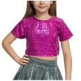 thumbnail image 1 of Virmaxy (3-16y) Girls Solid Color Laser Sequins Shirt Girls Stretchy Performance Wear With Exposed Waist And Navel Short Sleeve Round Neck Tops Hot Pink-2 15 Years, 1 of 4