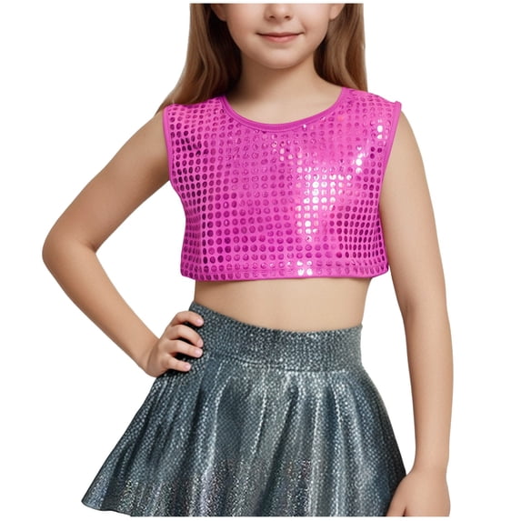 Virmaxy (3-16y) Girls Solid Color Laser Sequins Shirt Girls Stretchy Performance Wear With Exposed Waist And Navel Short Sleeve Round Neck Tops Hot Pink-3 14 Years