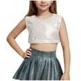 thumbnail image 1 of Virmaxy (3-16y) Girls Solid Color Laser Sequins Shirt Girls Stretchy Performance Wear With Exposed Waist And Navel Short Sleeve Round Neck Tops Silver-3 14 Years, 1 of 4