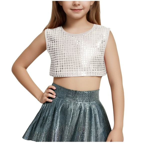 Virmaxy (3-16y) Girls Solid Color Laser Sequins Shirt Girls Stretchy Performance Wear With Exposed Waist And Navel Short Sleeve Round Neck Tops Silver-3 3 Years