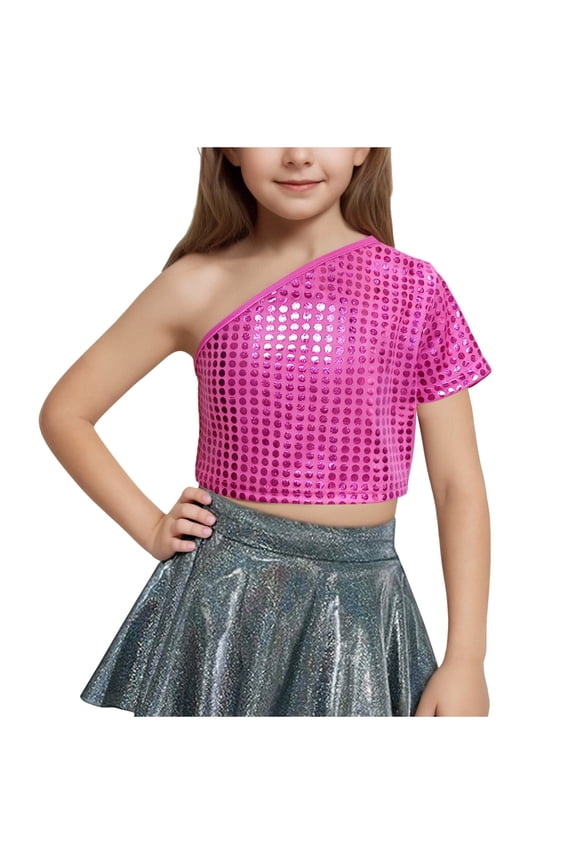 (3-16y) Girls Solid Color Laser Sequins Shirt One-Shoulder Stretchy Performance Outfits Slash Short Sleeve Round Neck Cropped Tops Hot Pink-3 8 Years