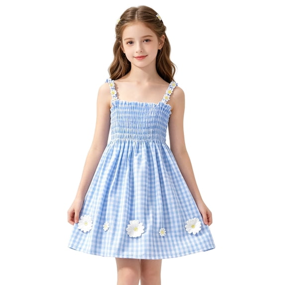 Virmaxy 3-8 Years Gingham Sundress Daisy Embellished Sleeveless Dress Smocked Waist Lace Trim Summer Dress for Casual Daily and Beach Wear