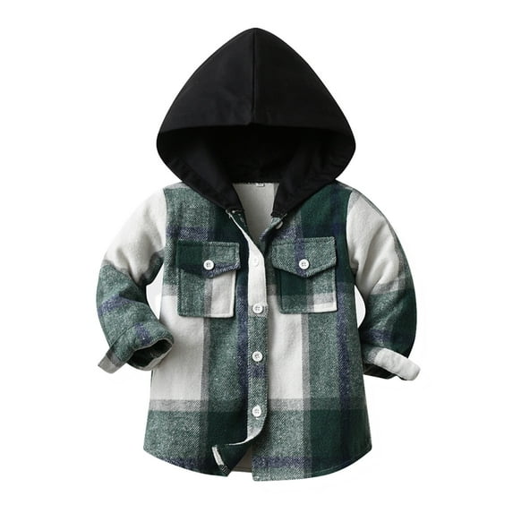 Virmaxy 3Months-6T Toddler Flannel Hooded Shirt Autumn and Winter Plaid Milled Jacket Boys Girls Long Sleeve Jacket Black 3T