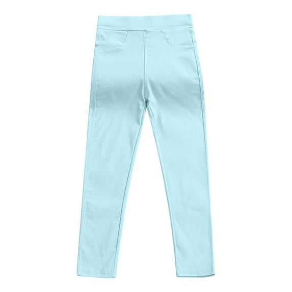 Virmaxy (3T-10Y)Toddler Baby Girls Straight Leg Trousers Elasticated Waist Solid Color Pants With Pocket Fall Winter Skinny Pants For Kids Light Blue 5T
