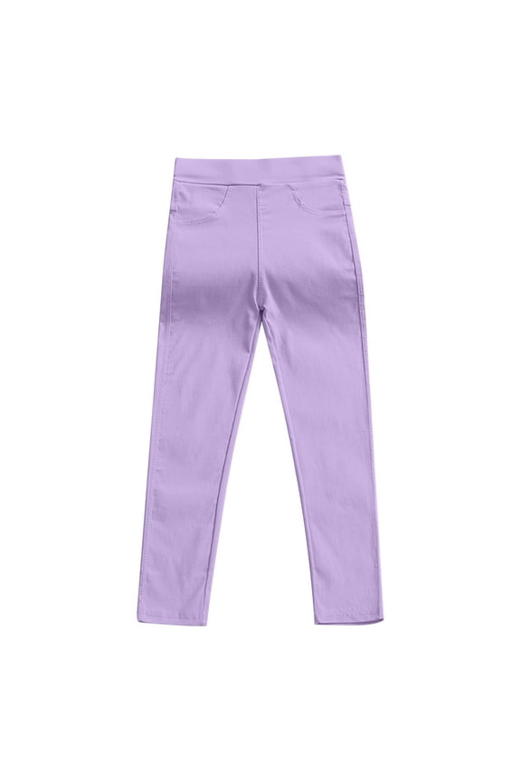 (3T-10Y)Toddler Baby Girls Straight Leg Trousers Elasticated Waist Solid Color Pants With Pocket Fall Winter Skinny Pants For Kids Purple 9Y