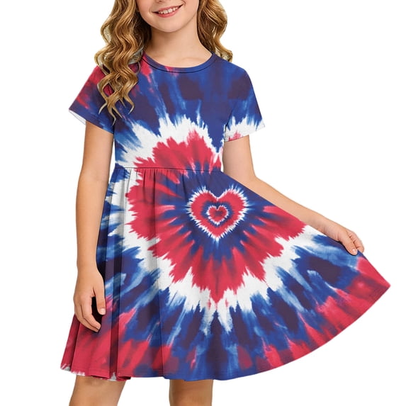 Virmaxy 4-13 Years Tie Dye Print 4th of July Pleated Dress Summer Patriotic Short Sleeve Crew Neck Holiday Dress for Casual and Party Wear