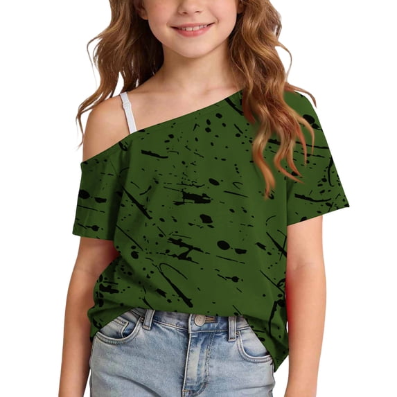 Virmaxy 5-14 Years Ink Splatter One-Shoulder Top Cold Shoulder Casual Top Loose Short Sleeve T-Shirts for Casual Daily and Summer Wear