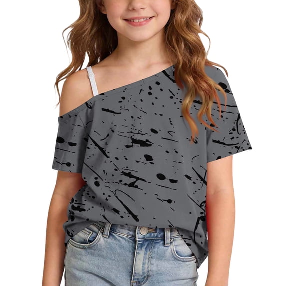 Virmaxy 5-14 Years Ink Splatter One-Shoulder Top Cold Shoulder Casual Top Loose Short Sleeve T-Shirts for Casual Daily and Summer Wear