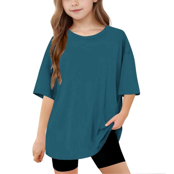 Virmaxy (5-15 Years) Boys Girls Fashion Casual Shirts Kids Baby Solid Color Lightweight Short Sleeve Tops Summer Loose Trend Pullover Shirts Blue-2 12 Years