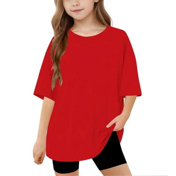 Virmaxy (5-15 Years) Boys Girls Fashion Casual Shirts Kids Baby Solid Color Lightweight Short Sleeve Tops Summer Loose Trend Pullover Shirts Red-3 6 Years