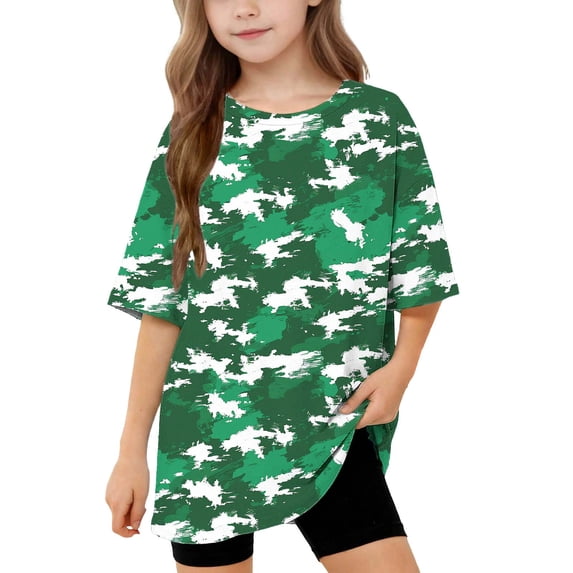 Virmaxy 5-15 Years Camo Print Loose Fit T Shirt Crew Neck Short Sleeve Summer Tee Breathable Casual Oversized Top for Everyday Activities