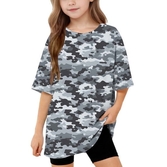 Virmaxy 5-15 Years Camo Print Loose Fit T Shirt Crew Neck Short Sleeve Summer Tee Breathable Casual Oversized Top for Everyday Activities