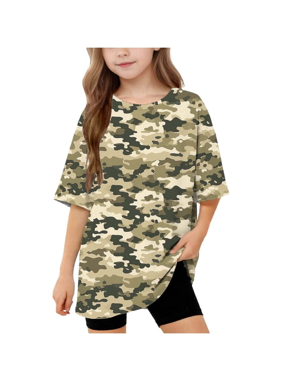 5-15 Years Camo Print Loose Fit T Shirt Crew Neck Short Sleeve Summer Tee Breathable Casual Oversized Top for Everyday Activities