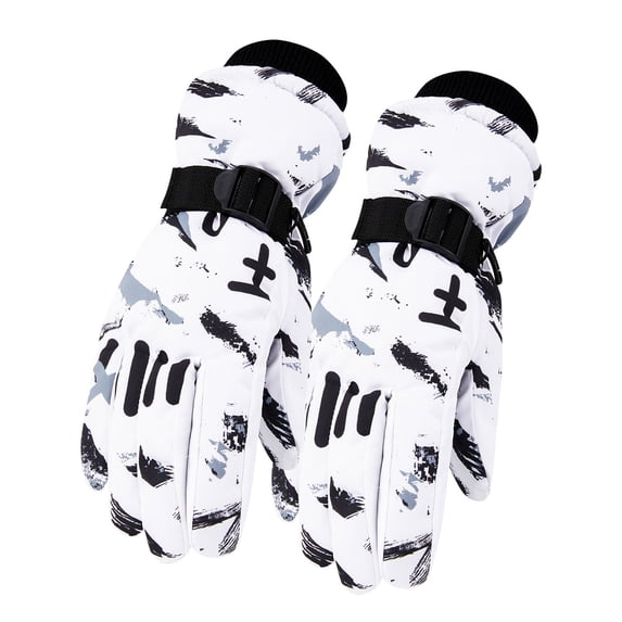 Virmaxy 5-15 Years Doodle Print Water-Resistant Winter Gloves with Adjustable Wrist Strap Windproof Fleece Lined for Skiing Biking Outdoor Play