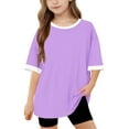 thumbnail image 1 of Virmaxy (5-15Years) Boys Girls Fashion Casual Shirt Kids Baby Solid Color Light Version Short Sleeve Tops Summer Loose Casual Trend Pullover Shirts Purple-3 8 Years, 1 of 8
