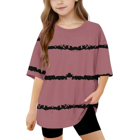 Virmaxy (5-15Years) Kids Baby Fashion Shirt Boys Girls Casual Striped Light Version Short Sleeve Top Summer Loose Casual Trend Pullover Shirt Pink-2 14 Years