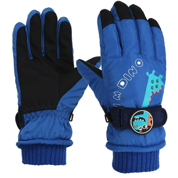 Virmaxy 6-10 Years Cartoon Print Kids Ski Gloves Windproof Adjustable Wrist Strap for Skiing Outdoor Activities Childrens Thick Lanyard Gloves