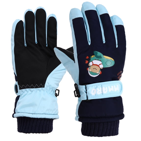 Virmaxy 6-10 Years Cartoon Print Kids Ski Gloves Windproof Adjustable Wrist Strap for Skiing Outdoor Activities Childrens Thick Lanyard Gloves