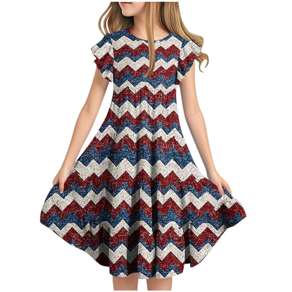 Virmaxy 6-15Y Multicolor Print 4th of July Tiered Dress Ruffled Flutter Patriotic Crew Neck Casual Dress for Summer Daily and Party Wear