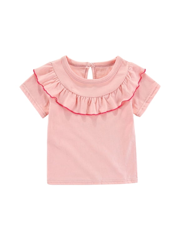 (6Months-5Years) Girls Fashion Casual Comfortable Solid Color Ruffle Top Toddler Children's Lace Short Sleeve Top Summer Casual Trend Pullover Shirt Pink 4 Years