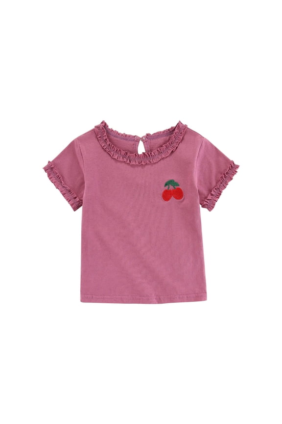 (6Months-5Years) Toddler Children's Comfortable Solid Color Shirt Girls Ruffle Lace Short Sleeve Top Summer Casual Trend Pullover Shirt Hot Pink 4 Years