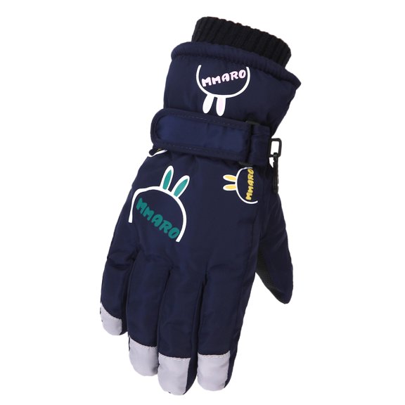 Virmaxy 8-12 Years Kids' Cartoon Print Thick Lanyard Windproof Winter Gloves with Safety Lanyard for Skiing Biking Outdoor Play