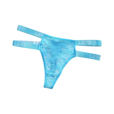 Virmaxy Alluring See Through Seamless Thongs for Women Ladies Lace Alluring Hollow Out Mesh Breathable Letter Waistband Thong Panties Blue L