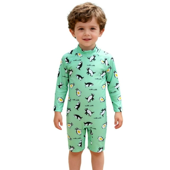Virmaxy Animal Printed Long Sleeve One Piece Swimsuit with Zipper Cute Sun Protective Jumpsuit for Beach and Pool Safety,for 3-4 Years Green Penguin