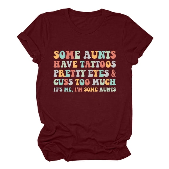 Virmaxy It's Me I'm some Aunts Womens Trendy Letter Printed Dressy Tops Round Neck Short Sleeve Loose Blouses Comfy Tunic Tops Summer Fashion Casual Baggy Basic Tee Burgundy M