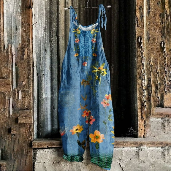 Virmaxy Baggy Overalls For Women Printed Summer Sleeveless Backless One-piece Casual Pants Overalls Blue-B M