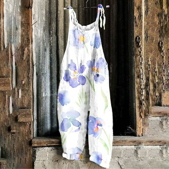 Virmaxy Baggy Overalls For Women Printed Summer Sleeveless Backless One-piece Casual Pants Overalls White L