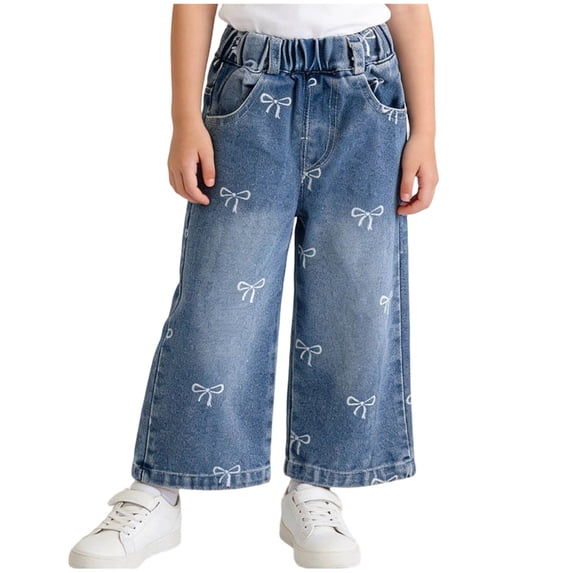 Virmaxy Bow Embroidery Wide Leg 7/8th Denim Pants Expandable Waist Casual Boyfriend Jean for Daily Home and Travel Wear, for 3-10 Years Blue