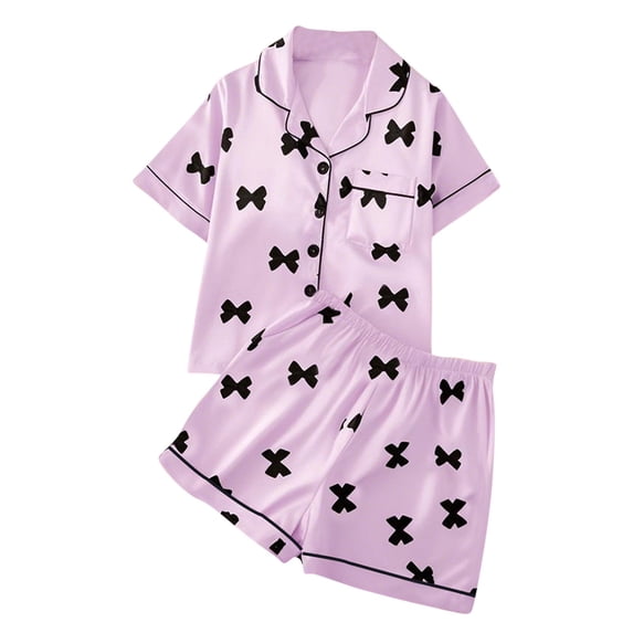 Virmaxy Bow Print Short Sleeve Collared Pajama Set Button Down Top and Elastic Waist Shorts Soft Sleepwear for Home and Lounge Wear, for 8-12Y