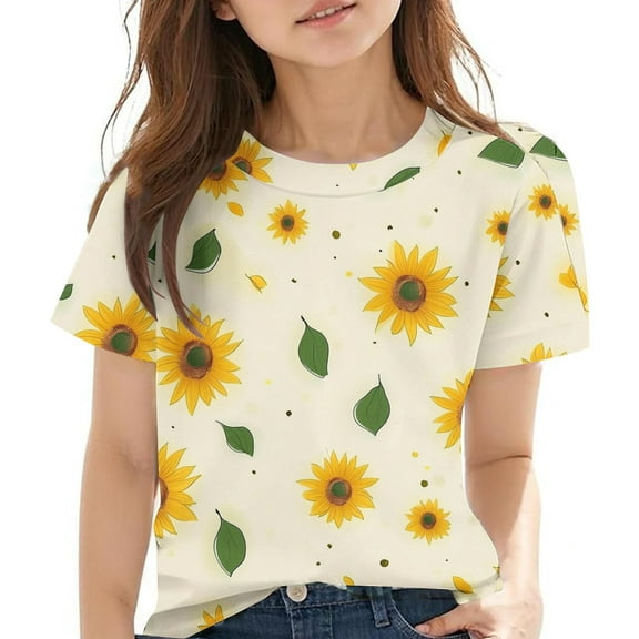 Virmaxy Boys Girls Cute Printed Shirt Kids Baby Short Sleeve Round Neck Tops Summer Loose Trend Pullover Shirt Beige 110