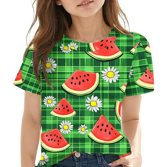 Virmaxy Boys Girls Cute Printed Tops Kids Baby Short Sleeve Round Neck Tops Summer Loose Trend Pullover Shirt Green 4 Years