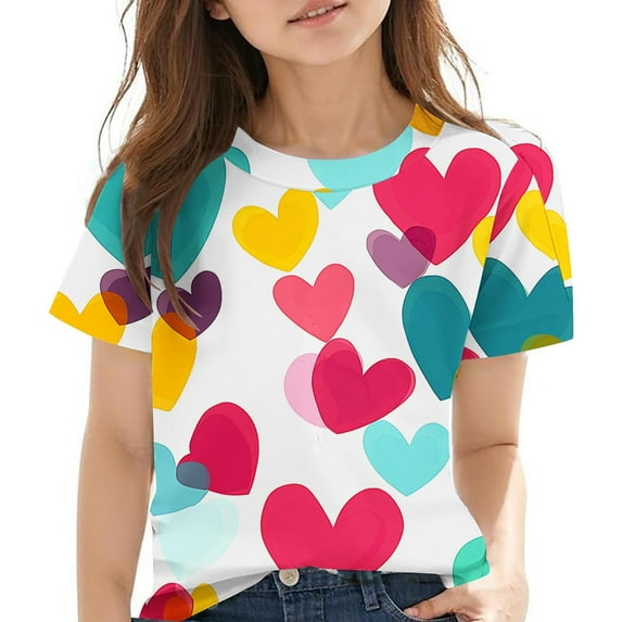 Virmaxy Boys Girls Cute Printed Tops Kids Baby Short Sleeve Round Neck Tops Summer Loose Trend Pullover Shirt Hot Pink 13 Years