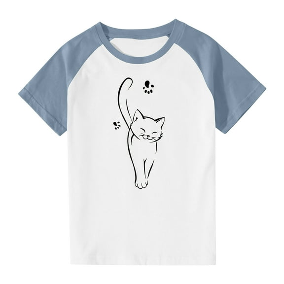 Virmaxy Boys Girls Fashion Cute Printed Shirt Kids Baby Plug Sleeve Casual Short Sleeve Tops Summer Loose Trendy Pullover Shirt Navy-2 13 Years